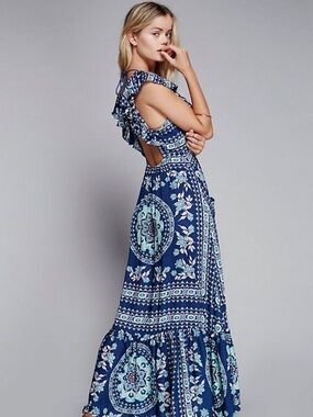 HAODUOYI Navy Blue Floral Cutout Maxi Dress